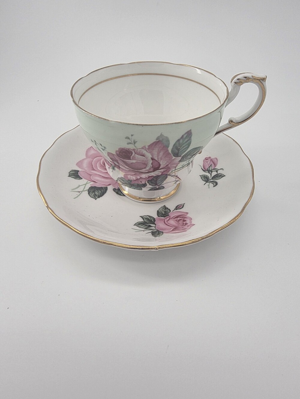 Paragon Royal Vale Mint Green Pink Cabbage Rose Teacup Saucer Set